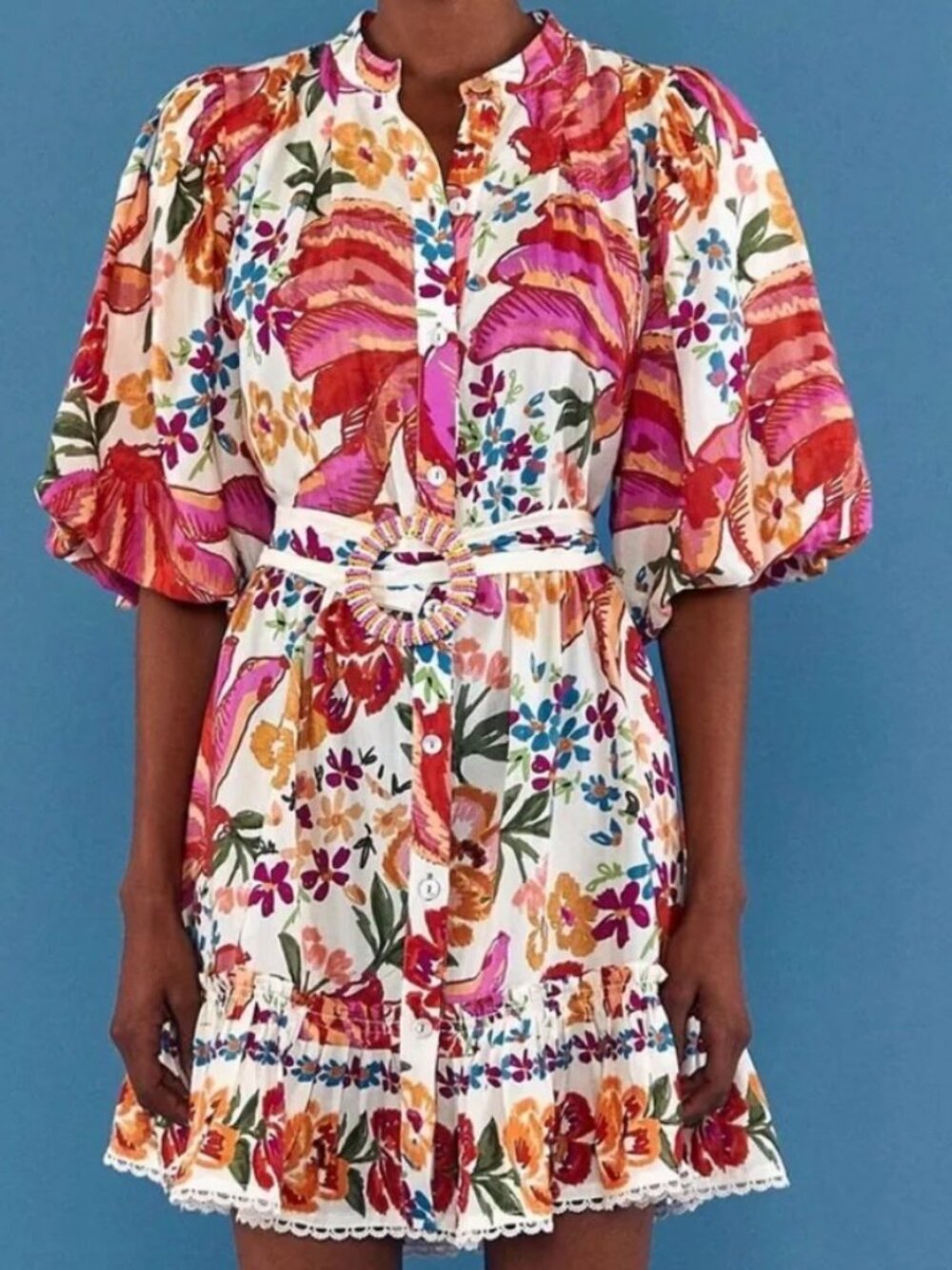NWOT FARM Rio White Spring Bananas Whimsical Floral Belted Mini Dress (Size XL)